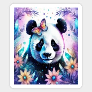 Fantasy, Watercolor, Panda Bear With Flowers and Butterflies Sticker